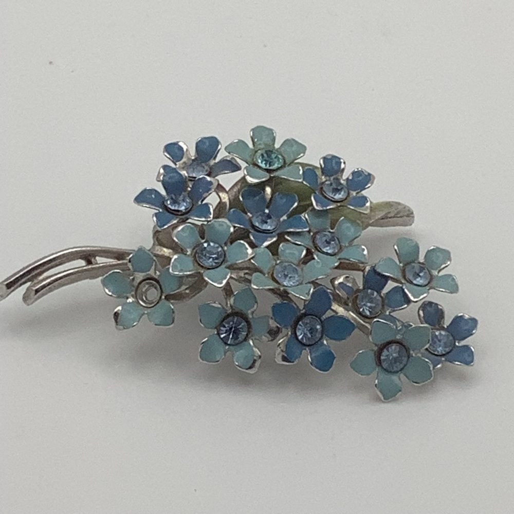 Blue Floral Brooch with Blue Rhinestones